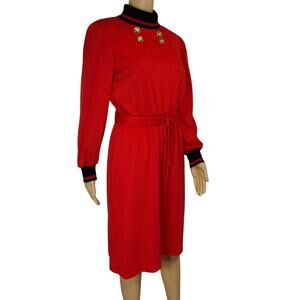1970s Red Black Marty Gutmacher Petite High Neck Long Sleeve Midi Dress Size 10